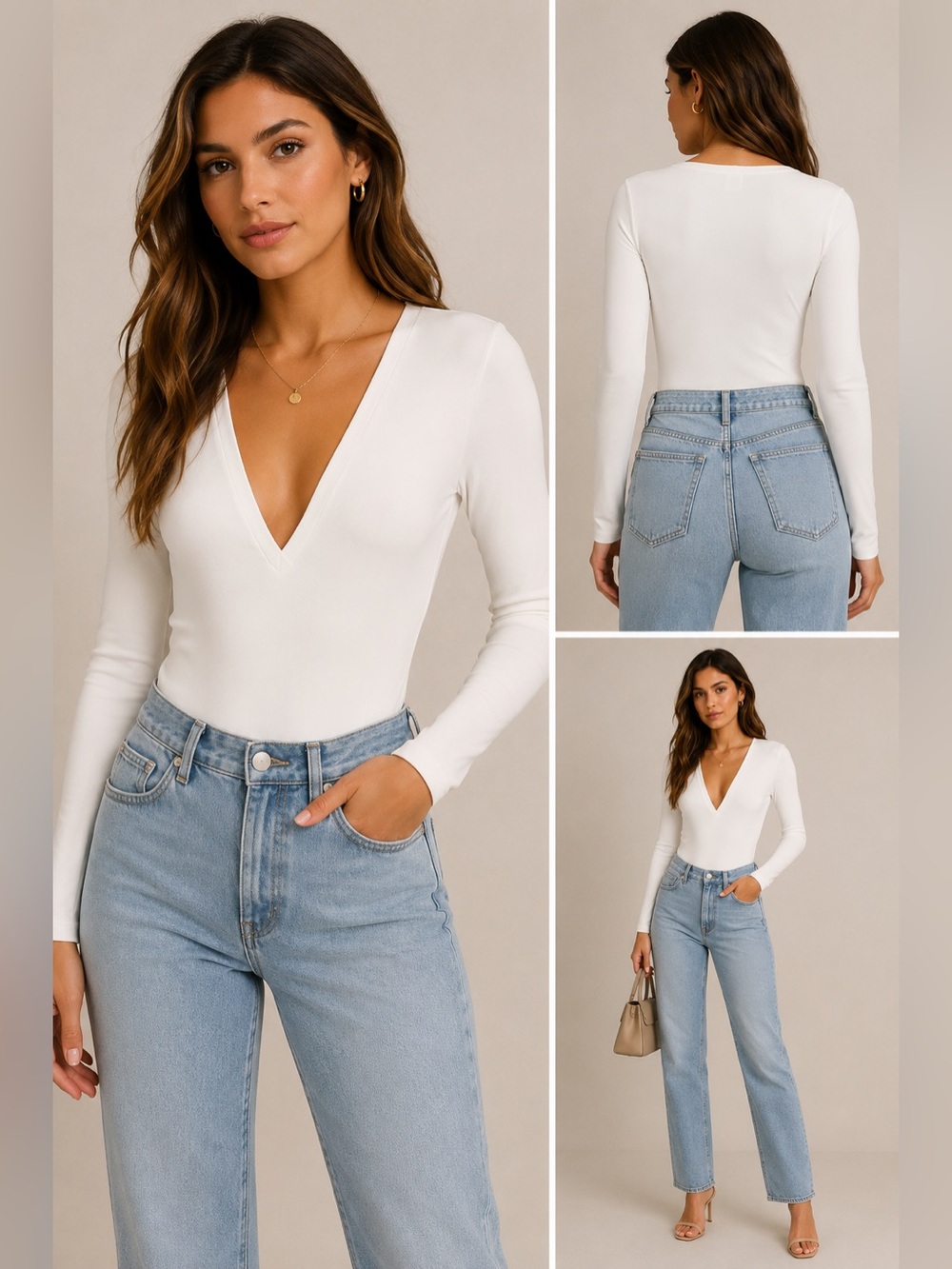 ASTR The Label Off White Long Sleeve V-Neck Bodysuit Size M